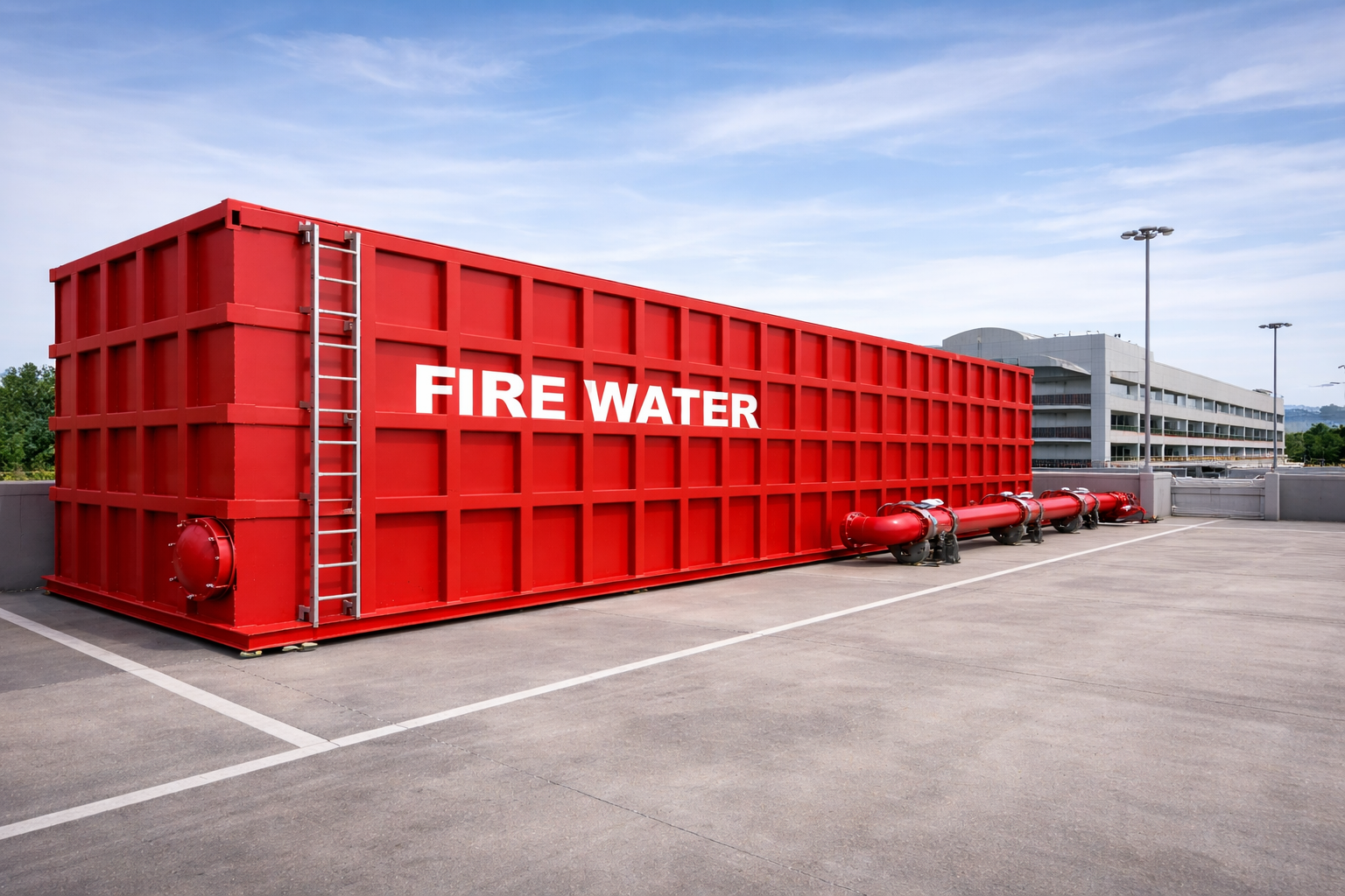 FireWater red fire suppression storage tank with fire-rated nozzles and headers